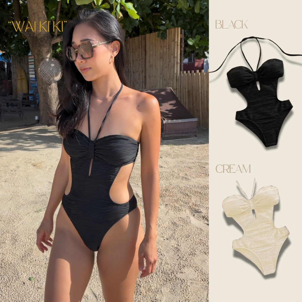 Matha.Store - ชุดว่ายน้ำเว้าเอวเกาะอกคล้องคอ [ส่งไวFAST SHIPPING] 1-piece ชุดว่ายน้ำชิ้นเดียว ดำครีม