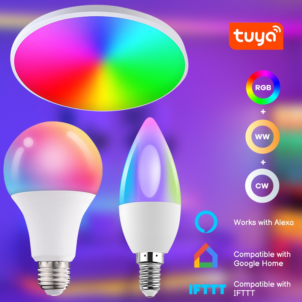 Tuya WiFi หลอดไฟสมาร์ท RGB+CW+WW ปรับความสว่างและสีได้ ควบคุมด้วยเสียงผ่าน Alexa 5W/10W/15W/24W