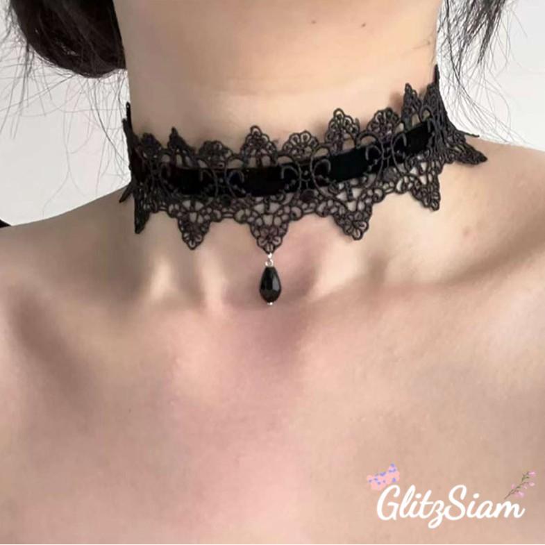 Glitzsiam🖤🖤สร้อยคอโชกเกอร์สีดำสำหรับผู้หญิง สร้อยคอลูกไม้ฮาโลวีน จี้อัญมณี ราคาไม่แพง จัดส่งจากประเทศไทย.