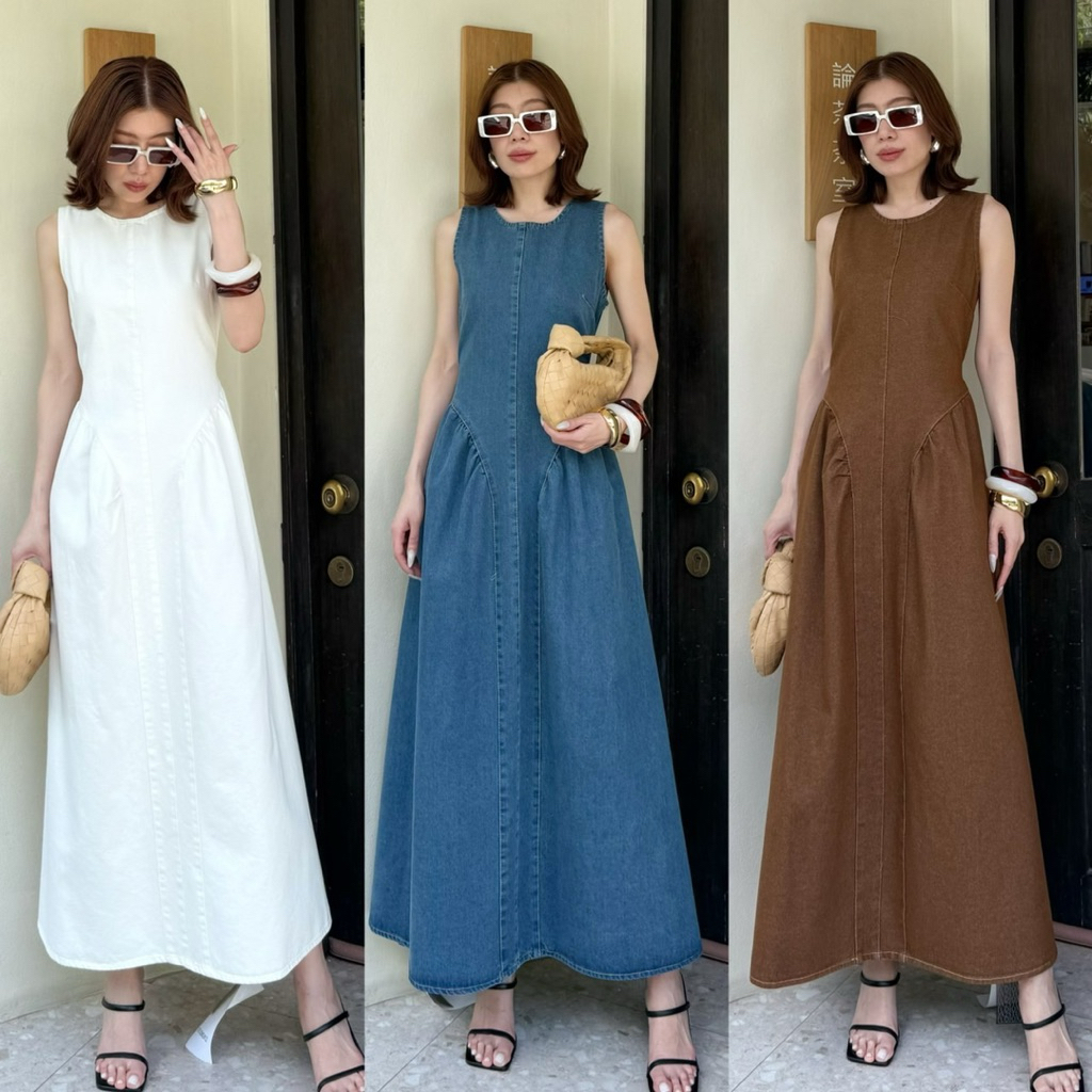 เปิดพรี🚩76 💙🥨🍄New Arrival 🍄🥨💙 STUDIOX2 MAXI DENIM DRESS (SMLXL 690฿) เดรสยีนส์แขนกุด คอกลม ดีเทลจับพ