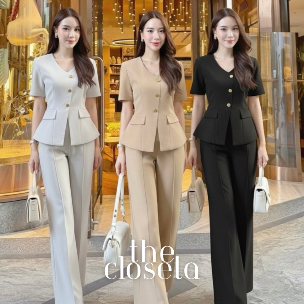 THE CLOSETA : (พร้อมส่ง) LV296 ชุดเซ็ทเสื้อแขนสั้นกระดุมทอง+กางเกงขายาวผ้าสูท
