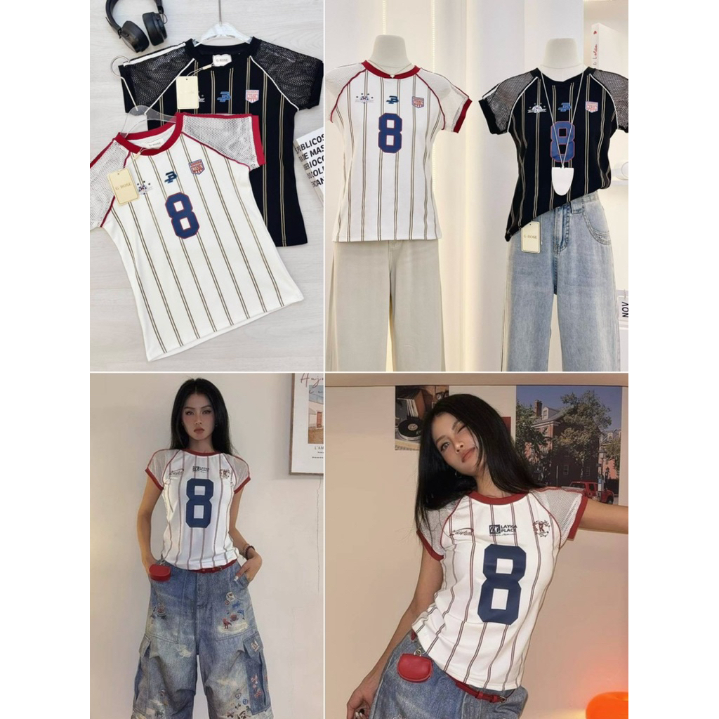 🌷G-ROSE 🌷เสื้อคอกลมแขนสั้นแต่งแขนตาข่ายลายเลข8 คัตติ้งเนี๊ยบมากจ้า