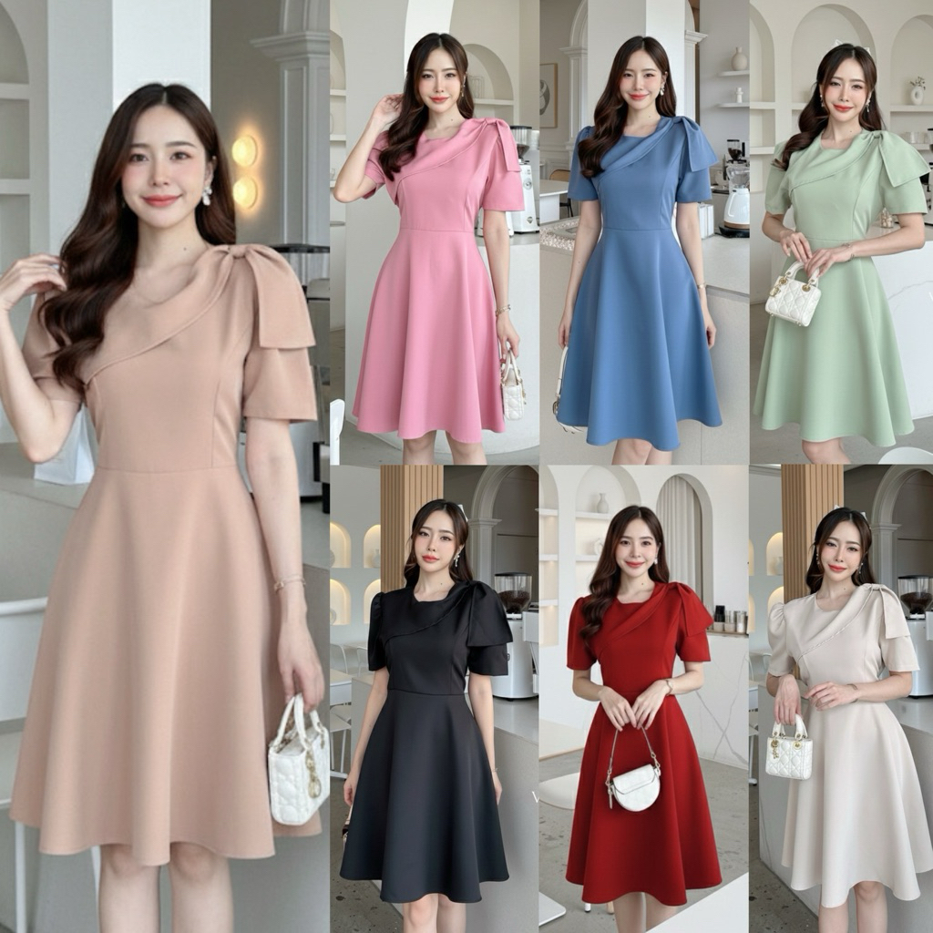 SHERLYN DRESS  เดรสออกงานโบว์ข้าง กระโปรงชายบาน ป้าย VERA