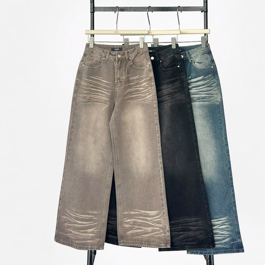 Atipashop ORIET VINTAGE JEANS กางเกงยีนส์ขายาว ทรงกระบอกกลาง ปักกระเป๋าหลัง