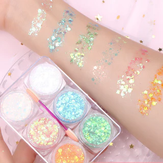 พร้อมส่ง กลิตเตอร์แต่งหน้า 1 พาเลท 6 ตลับ มีกาวในตัว อายแชโดว์ เจลกากเพชร แต่งหน้า แต่งผม
