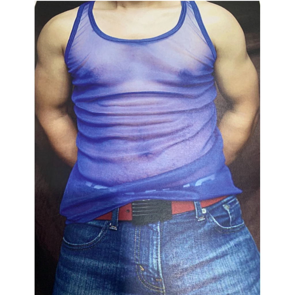 เสื้อกล้ามชายสีพื้นผ้าตาข่ายมุ้งทรงบอดี้