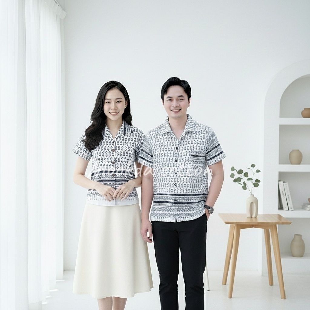 เสื้อผ้าฝ้ายคอฮาวายลายขอกระดุมกะลา ผู้ชาย