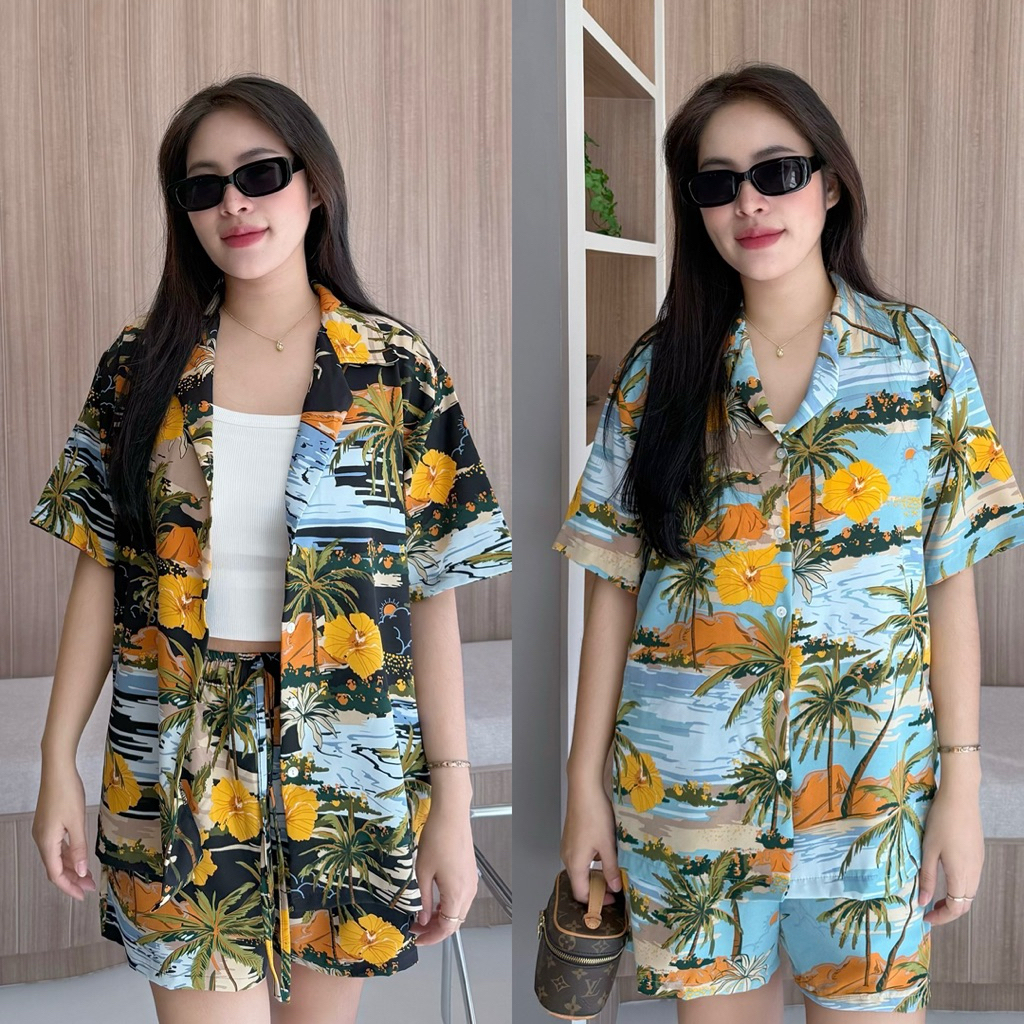 🌴Summer🌊เสื้อเชิ้ตฮาวายแขนสั้นลายซัมเมอร์ติดกระดุมด้านหน้า + กางเกงขาสั้น