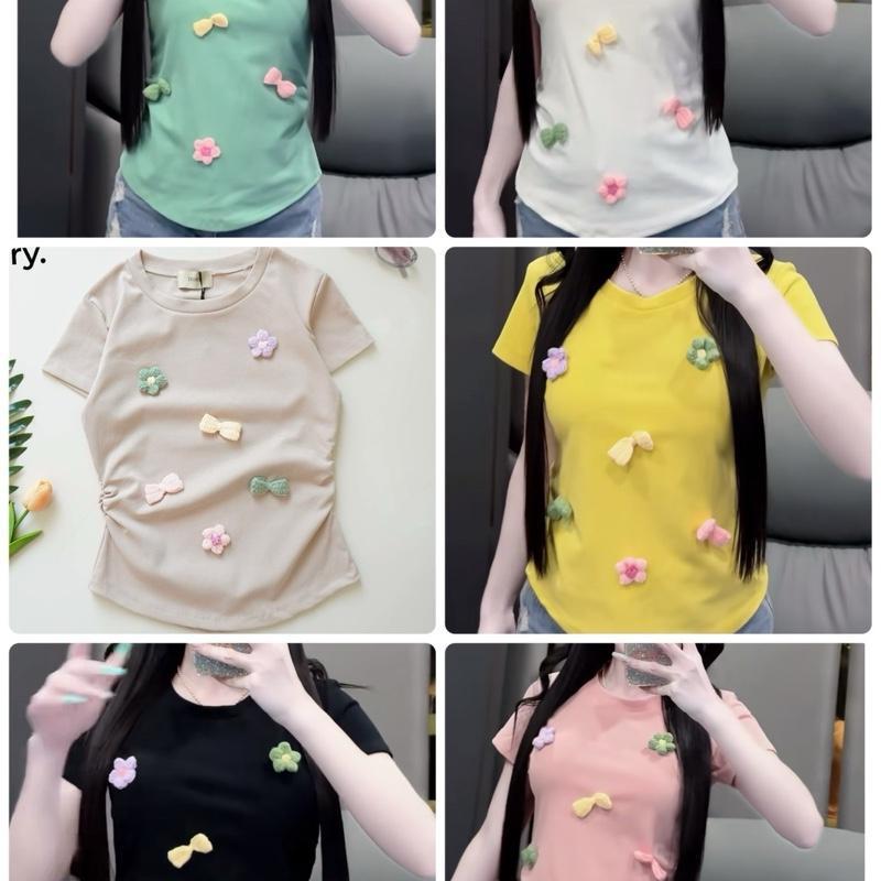 PB DESIGNS เสื้อติดอะไหล่ดอกไม้โบว์งานน่ารักยืดได้เยอะ ผ้าใส่สบาย สไตล์เกาหลีน่ารักๆไซต์เล็กและใหญ่