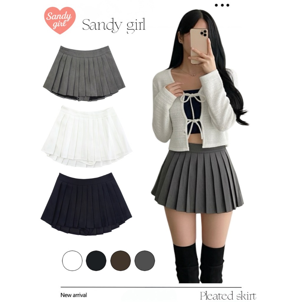 SandyGirl พร้อมส่งในไทย เทนนิส Pleated skirt ลุคลูกคุณหนู  กระโปรงสั้นทรงเอ พลีทสวยเป๊ะ เก็บสะโพกทำให้เอวเล็กขาเรียว ผ้า
