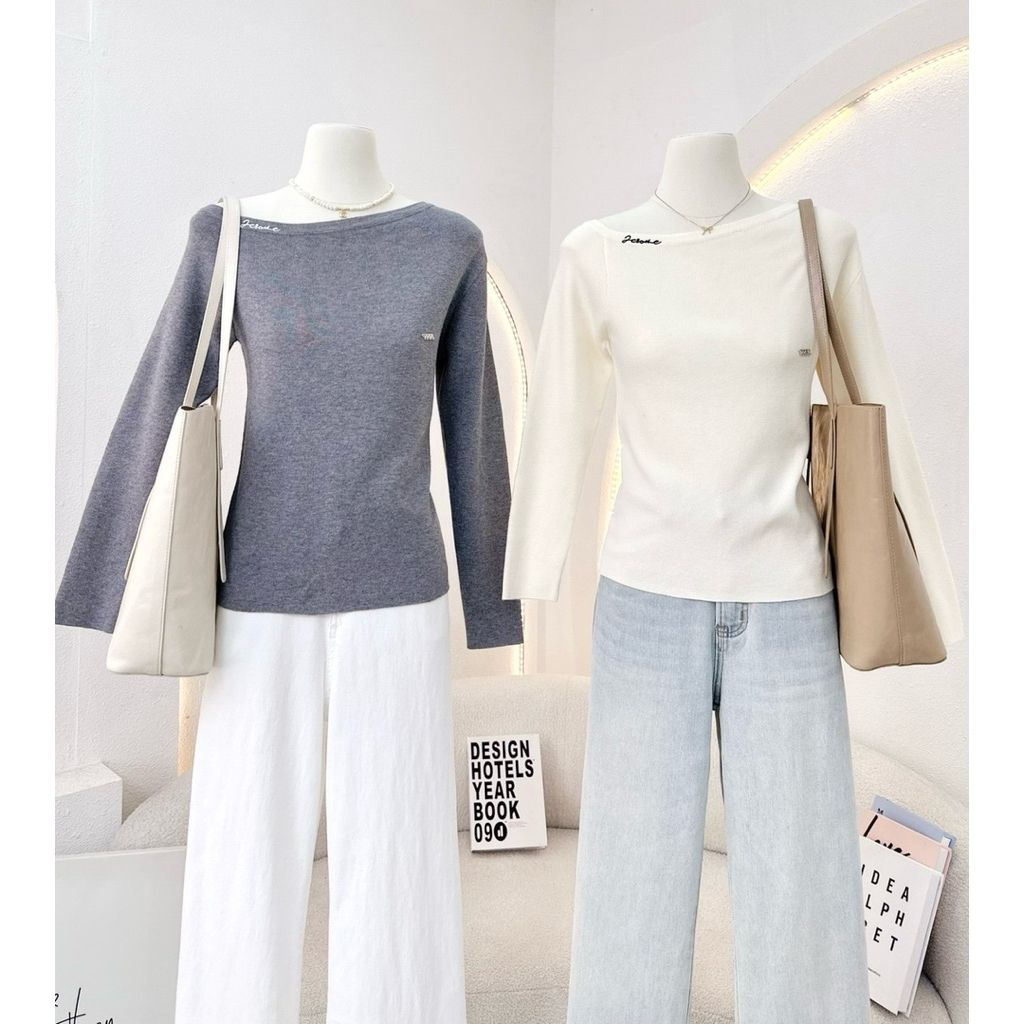 miniminey🌈เสื้อไหมพรมเบี่ยงไหล่ ปักคอเสื้อ งาน WAYA