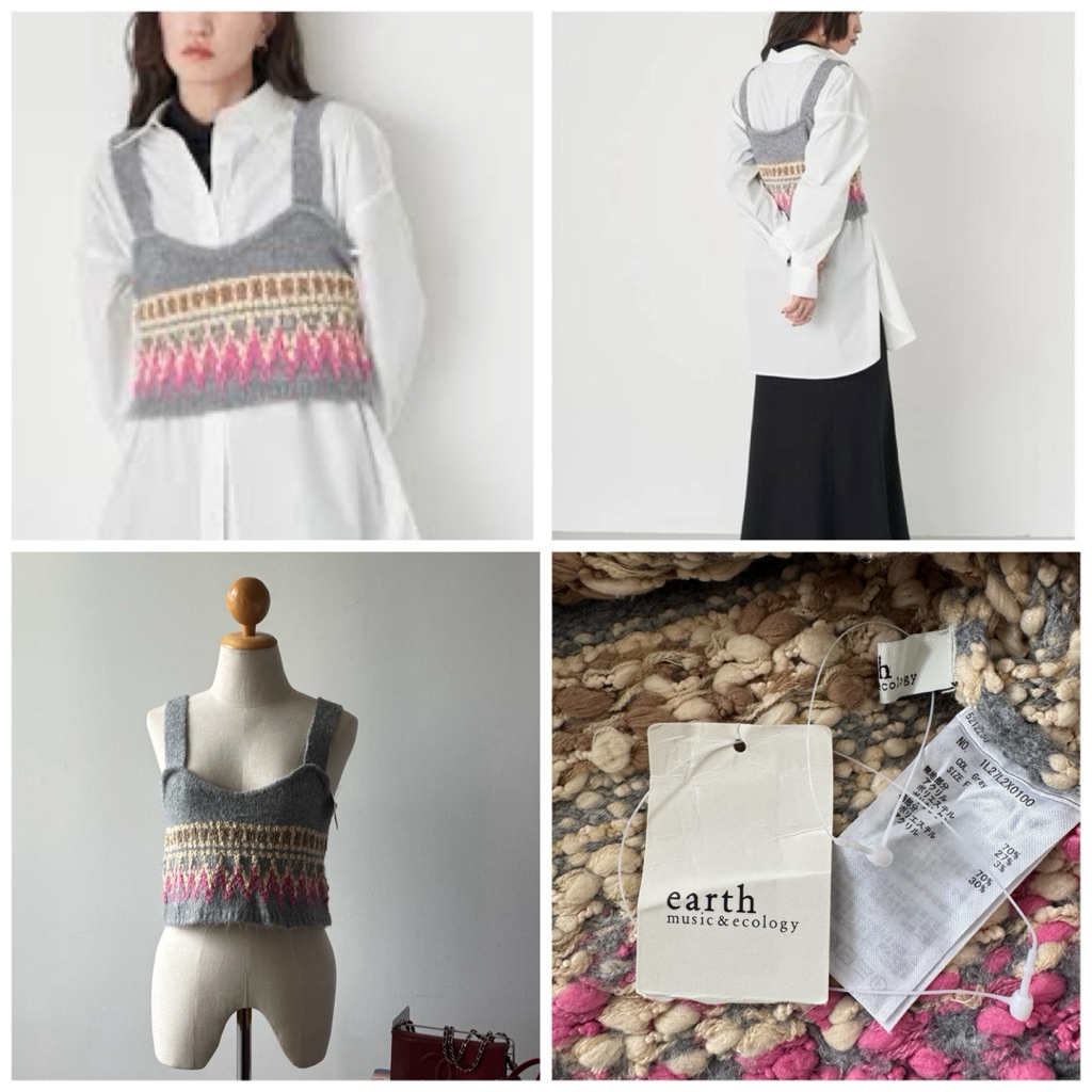 Pre-owned Earth Music&Ecology crochet crop top – gray knit, pink & cream pattern