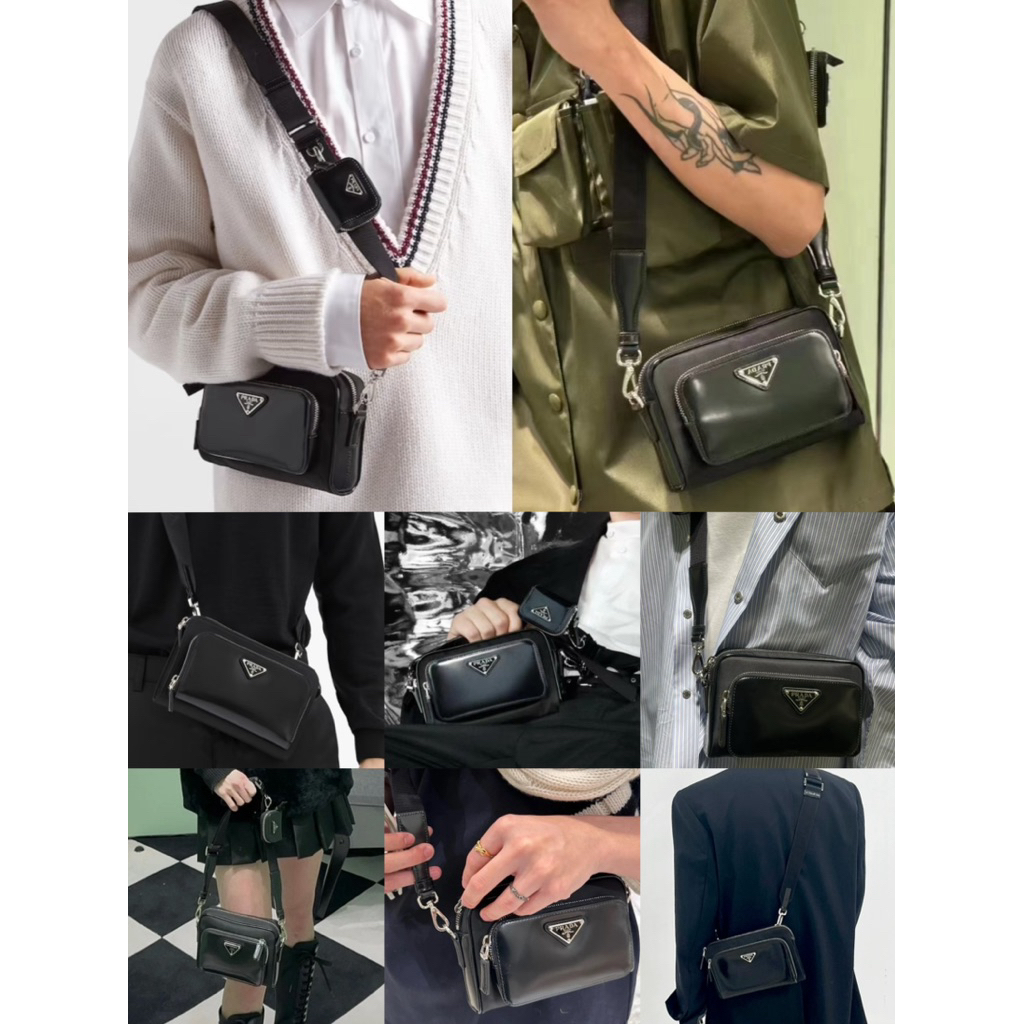 🧡 100% ของแท้ PRDA สามเหลี่ยมโลหะโลโก้ผ้า / หนังวัสดุไหล่เดียวกระเป๋าสะพาย 👜