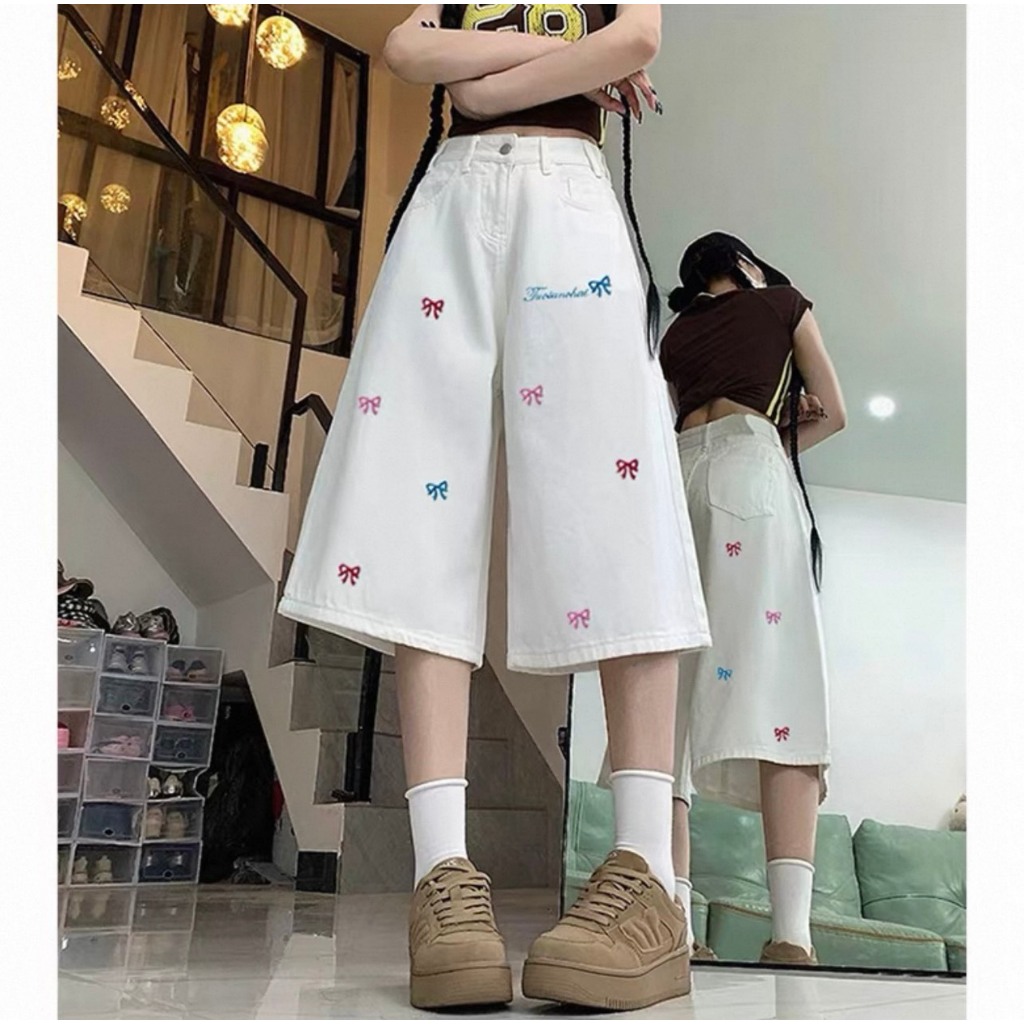 พร้อมส่ง S-10XL กางเกงยีนส์ 7 ส่วน 4 กระเป๋า งานปักโบว์ ผ้ายีนส์นิ่มไม่บางระบายอากาศได้ดี ราคา ถูกที่สุด ดีลบีเคเค แกลเลอรีภาพที่ 9