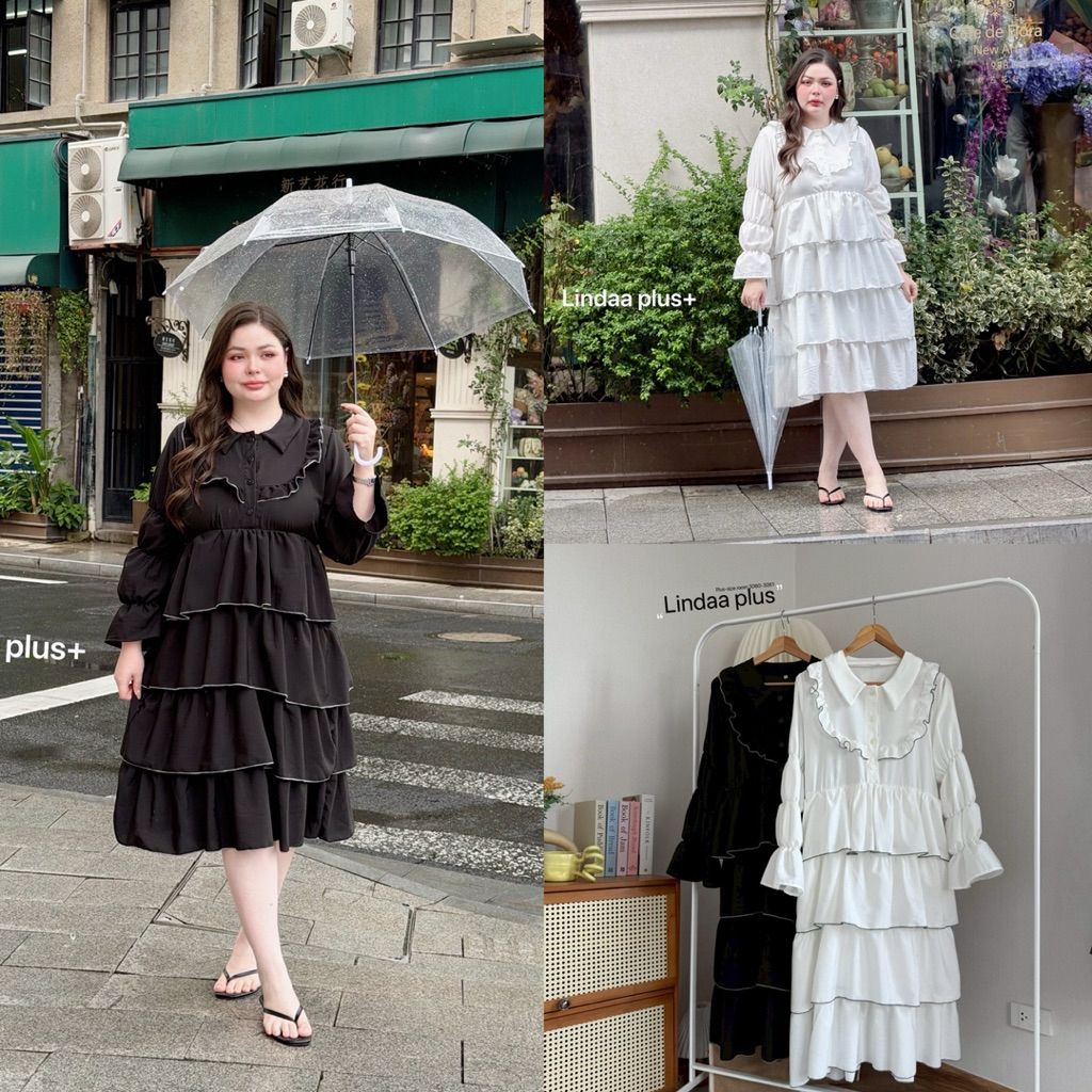 (LD) เดรสยาวแขนยาวแต่งชั้นๆ น่ารัก เรียบร้อย ผู้ดี เสื้อผ้าสาวอวบอ้วน พลัสไซส์ ไซส์ใหญ่