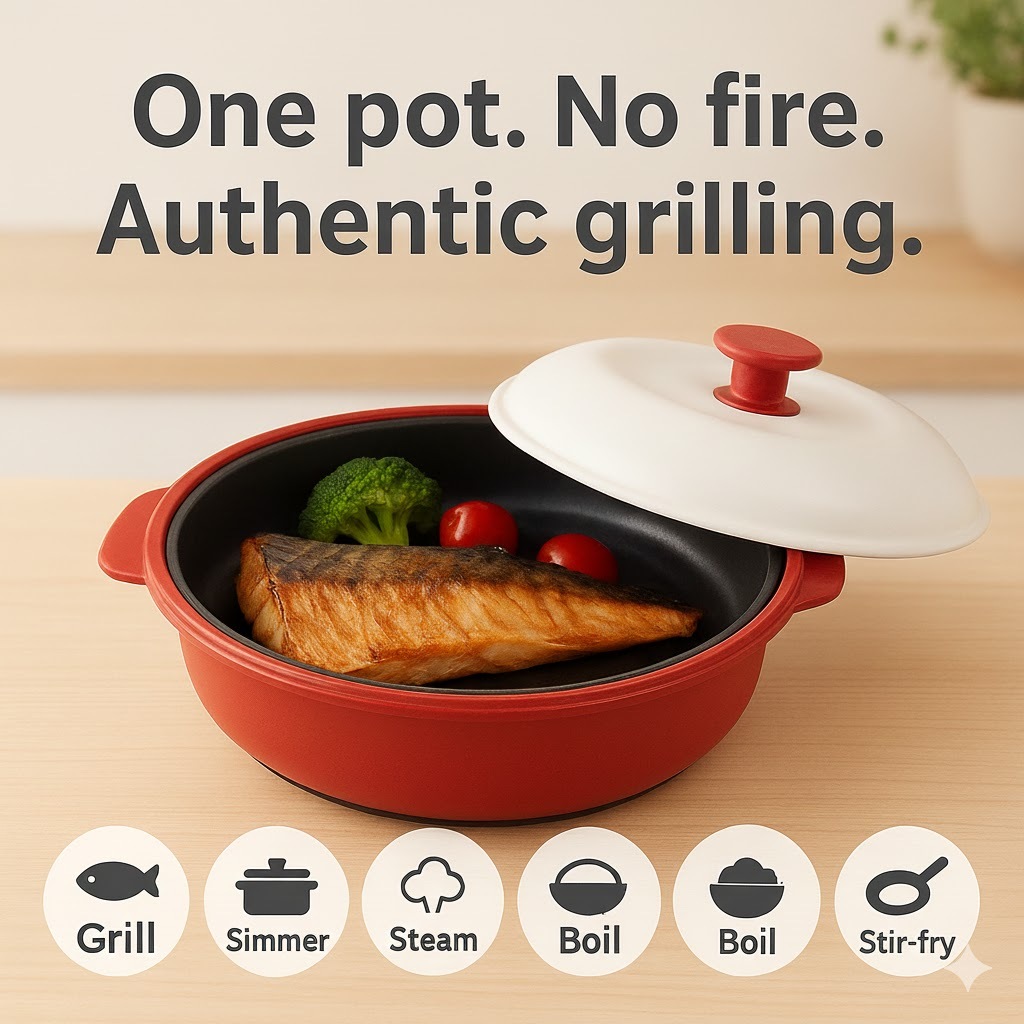 Microwave-Specific Cooking Pot, Multifunctional Grill Pan, PTFE Coating, 900ml Capacity, 268x232x90mm, Red/White. This grill cooker has 6 functions: baking, simmering, steaming, boiling, cooking rice, and stir-frying. Easy cooking with non-stick coating a