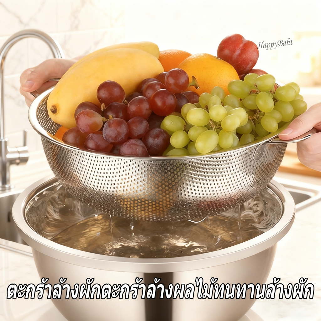 COD กระชอนสแตนเลส 2หู ตะกร้าล้างผัก ตะกร้ามีรู ช้สำหรับล้างผักล้างผลไม้มีรูเจาะสแตนเลส 25/31ซม.