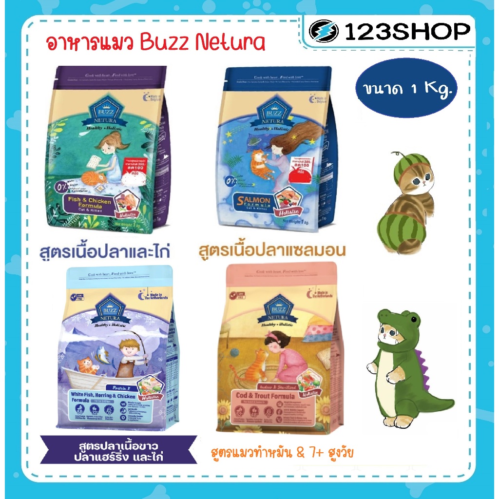Buzz Netura อาหารแมวเกรนฟรี แซลมอน ปลาไก่ บำรุงขน ลดนิ่ว ย่อยง่าย ทุกวัย