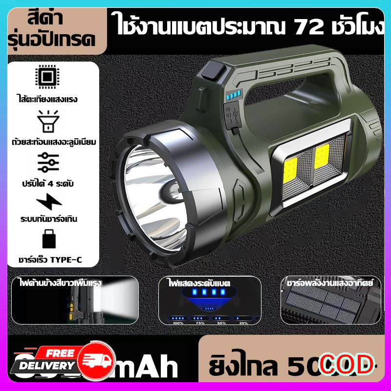 ไฟฉาย ไฟฉายแรงสูง 8000mAh 100,000 ลูเมน นฝนกันน้ำ ทนทาน ไฟฉายแรงสูงไกล   รองรับชาร์จพลังแสงอาทิตย์และ USB