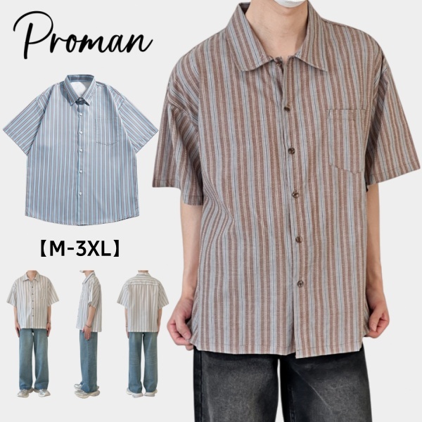 PROMAN เสื้อเชิ้ตลายทางแบบลำลอง  ประจำวัน  ใส่ได้กับทุกแบบ  เสื้อแขนสั้นผู้ชายทรงหลวม  พักผ่อน  M-3XL พร้อมส่ง