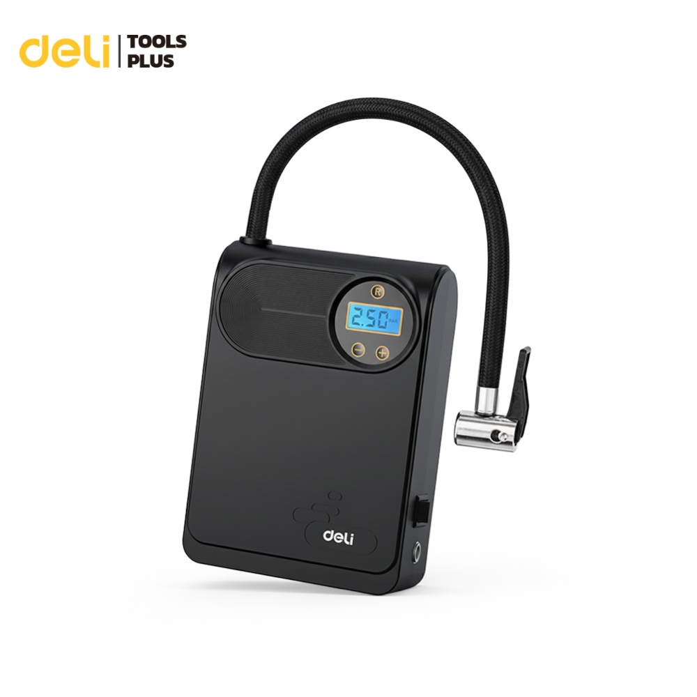 Deli ปั๊มลมไฟฟ้า ปั็มลมพกพา เติมลมยาง รถยนต์ กำลังไฟ 90W เติมเร็ว หัวสูบแบบล็อค พกพาสะดวก Air pump