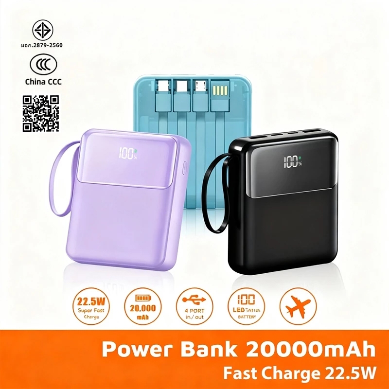 [CCC] Powerbank 20000mAh 120W แบตสำรอง มีสายในตัว ชาร์จเร็ว 4 พอร์ต เล็ก เบา แบบพกง่ายดาย หน้าจอ LED พาวเวอร์แบงค์