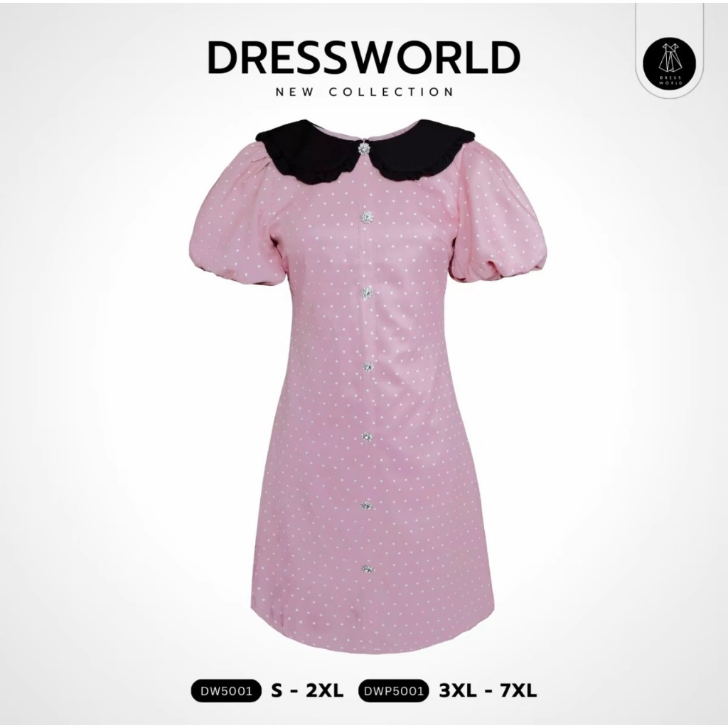 {S-7XL} 5001 งานป้าย Dress World เดรสสั้นทรงบาน ลายจุด คอบัว แขนบอลลูน แต่งกระดุมหน้า เดรสทำงาน