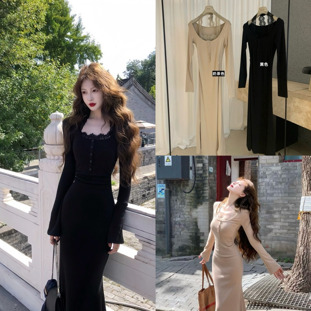 📍พร้อมส่ง📍8114💌 เดรสแขนยาว คอยู เย็บติดสายผูกคอ เนื้อผ้าดี งานสวย TAG:WG.WE 🇰🇷