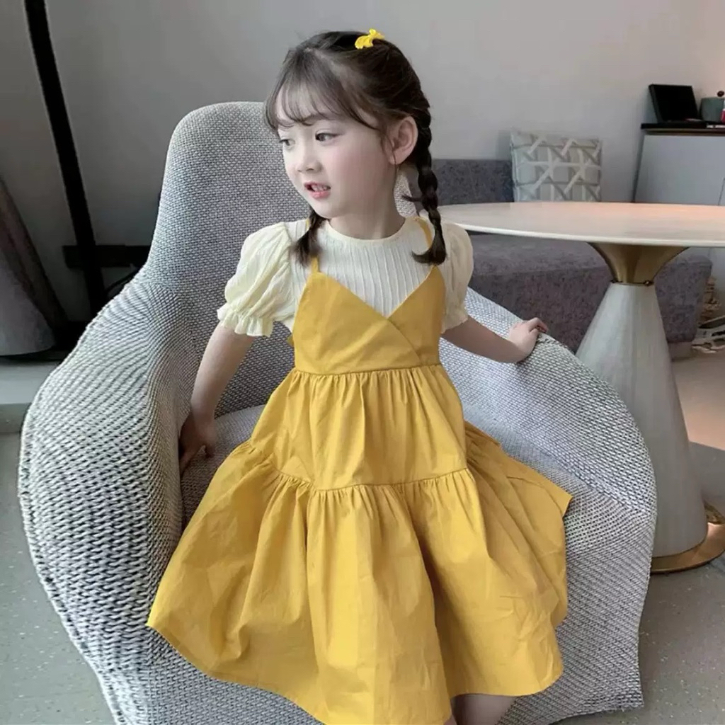 ชุดเดรสเด็กผู้หญิงสีเหลือง สดใสน่ารัก สินค้าพร้อมส่งจากไทย