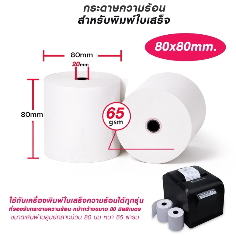 กระดาษความร้อนกระดาษ กระดาษใบเสร็จ ขนาด 80*80 mm 65แกรม (1แพค 2 ม้วน) PRINTER PAPER 80*80*45 CM.