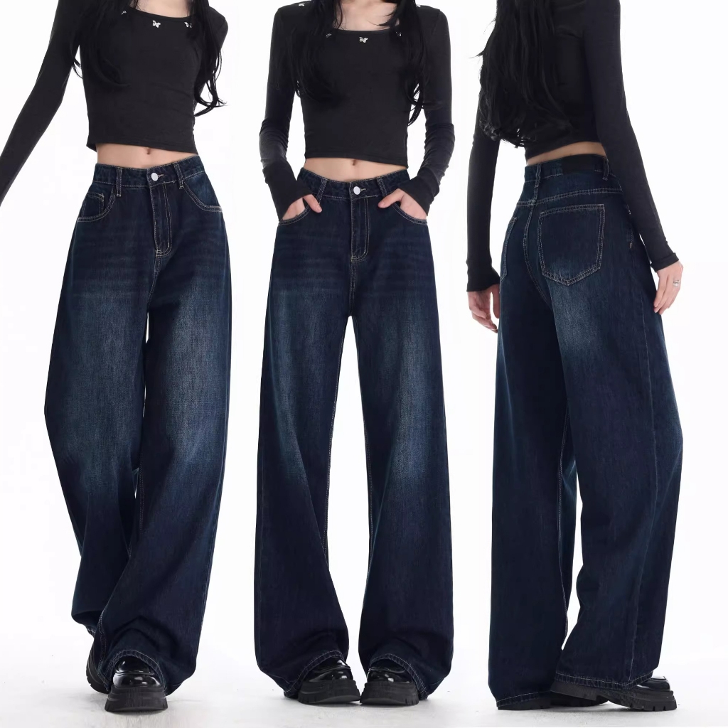 S~5XL jeans Navy Blue Denim Straight pants กางเกงยีนส์ขาตรงสีเข้มสไตล์เรโทร กางเกงลำลองขากว้างเอวสูง