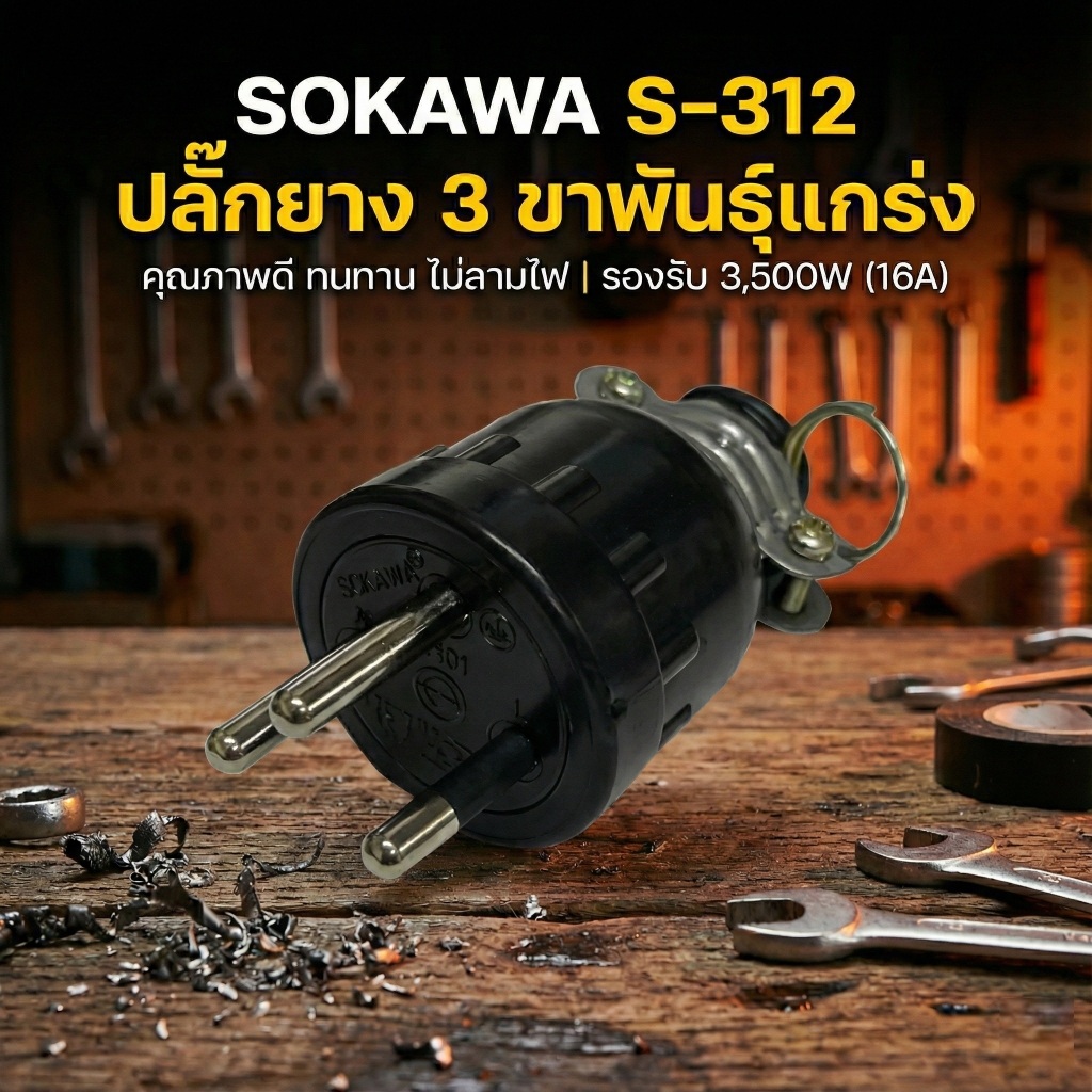 ปลั๊กยาง 3 ขากลมมีห่วง SOKAWA รุ่น S-312 สีดำ คุณภาพดี ทนทาน ไม่ลามไฟ รองรับกระแสไฟได้ 3,500 วัตต์