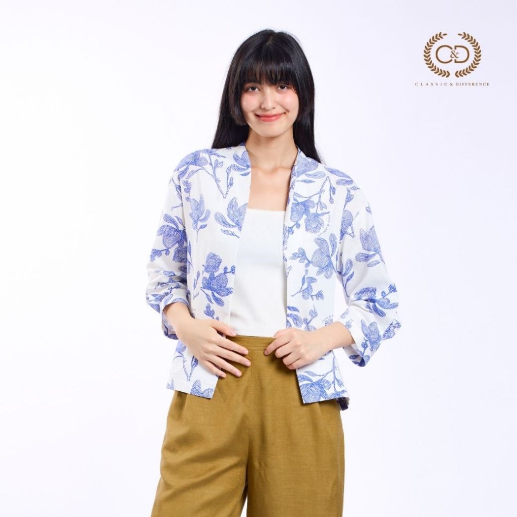 C&D Woman's Jacket  Blue Flower stitch  แจ็คเก็ตผู้หญิง ทรงหลวม คอปีน สีน้ำเงิน CC6MBU