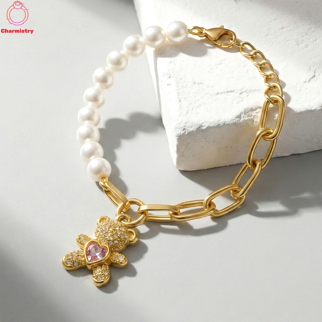 สร้อยข้อมือมุกครึ่งโซ่ จี้หมีหัวใจ สไตล์เกาหลี กำไลข้อมือแฟชั่น น่ารัก มินิมอล ของขวัญ (แถมกล่อง)