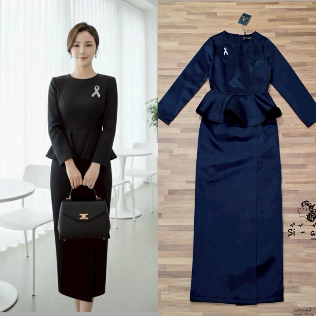 ชุดเซตเสื้อแขนยาวผ้าถุงพร้อมเข็มกลัด[S-4XL]