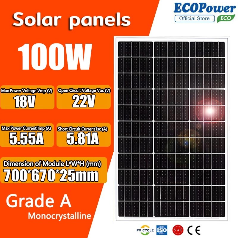 แผงโซล่าเซลล์ Solar cell 100W  18V แผงโซล่า แผ่นโซล่าเซลล์ สำหรับชาร์จแบตเตอรี่