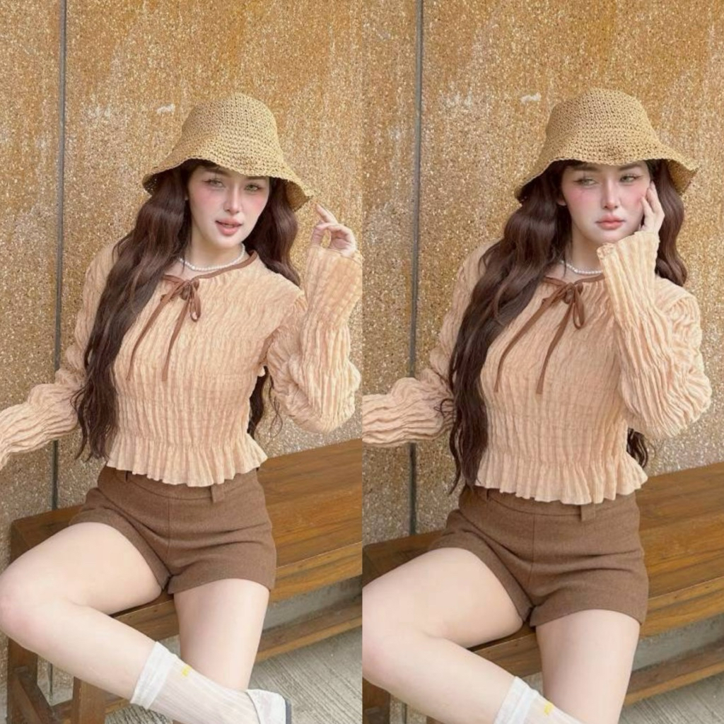 ♦️DOODEE2♦️เสื้อแขนยาวคอกลม ผูกโบว์หน้า สม็อกรอบตัวรอบแขน - รูปที่ 2