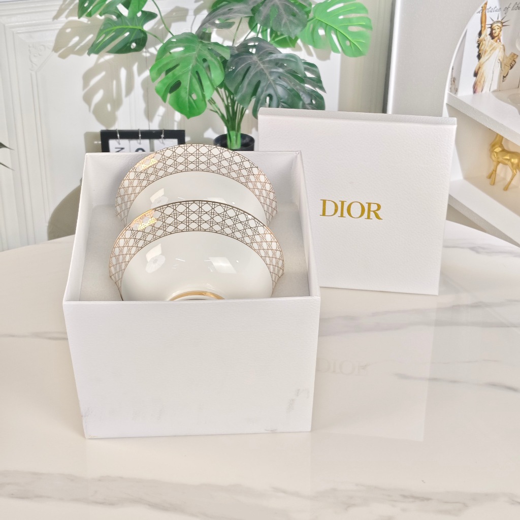 Dior Gold Grid 7-inch Double sided Bowl Bone Porcelain Tableware Set Bowl Set