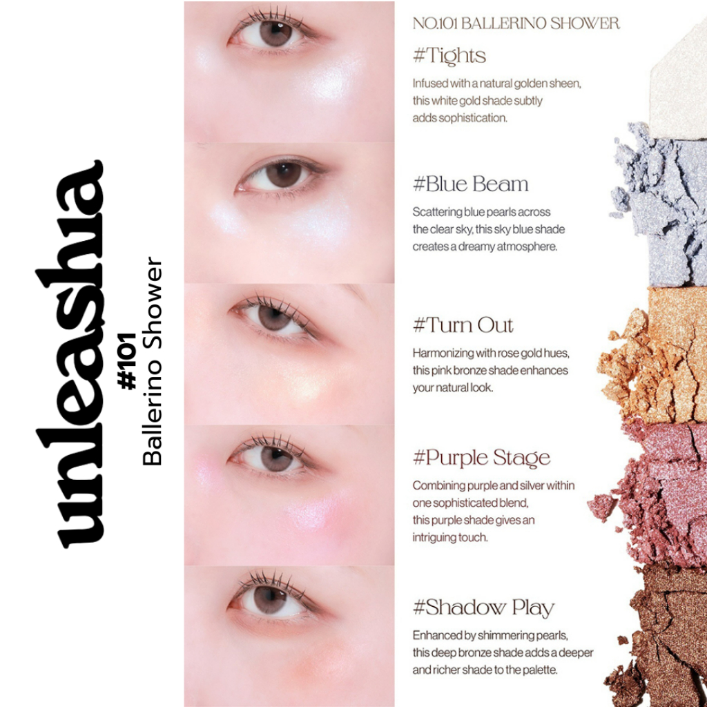 UNLEASHIA  Mood Shower Face Palette | พาเล็ตหน้าไฮไลต์–บลัชโกลว์ วาวใสแบบไอดอล เนื้อเนียนละเอียด ติดทน [SIB.SEO] รูปที่ 4