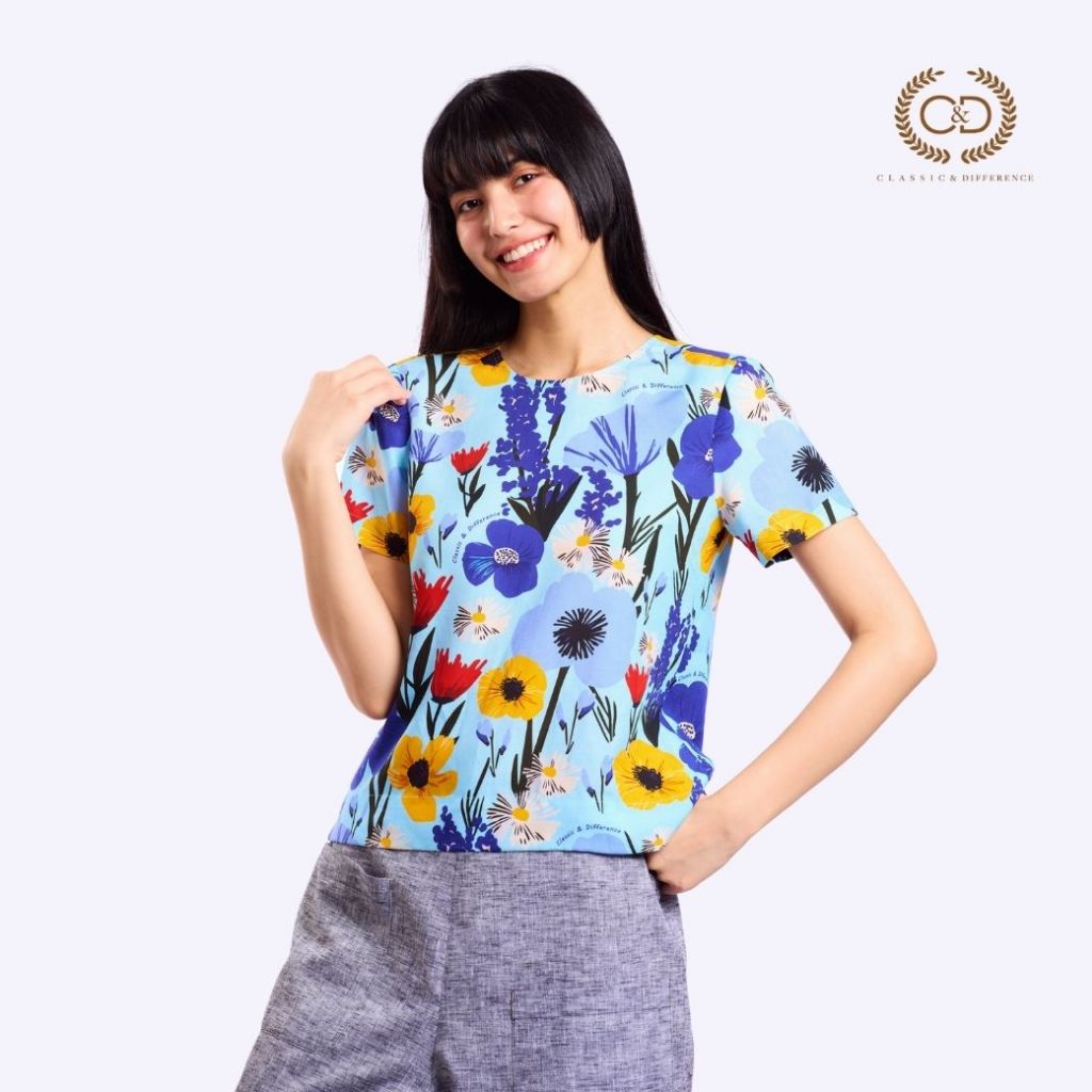 C&D เสื้อผู้หญิง คอกลม แขนสั้น สีฟ้า CBD5BU
