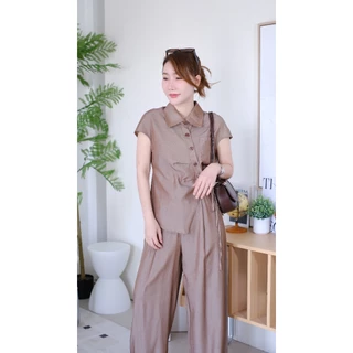 Lawyer Store | (ขายแยกชิ้น) [5521652] [5521652-1] ชุดเซ็ท เสื้อคอปกแขนสั้น ผูกข้าง แต่งกระดุม กางเกงเอวสม็อค เอวสูงขายาว