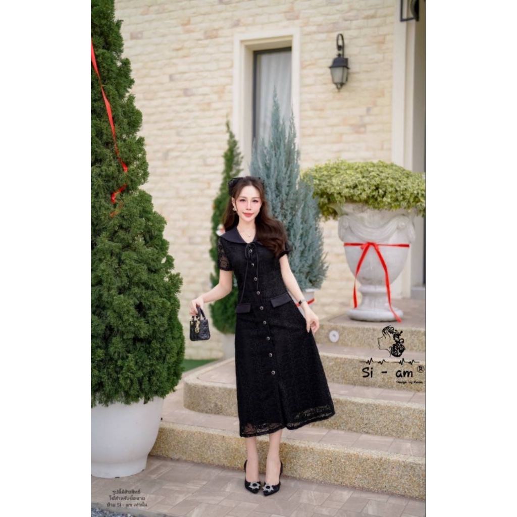 เดรสยาว เดรสลูกไม้ลายสวยคอปกกะลาสี ป้ายSiam