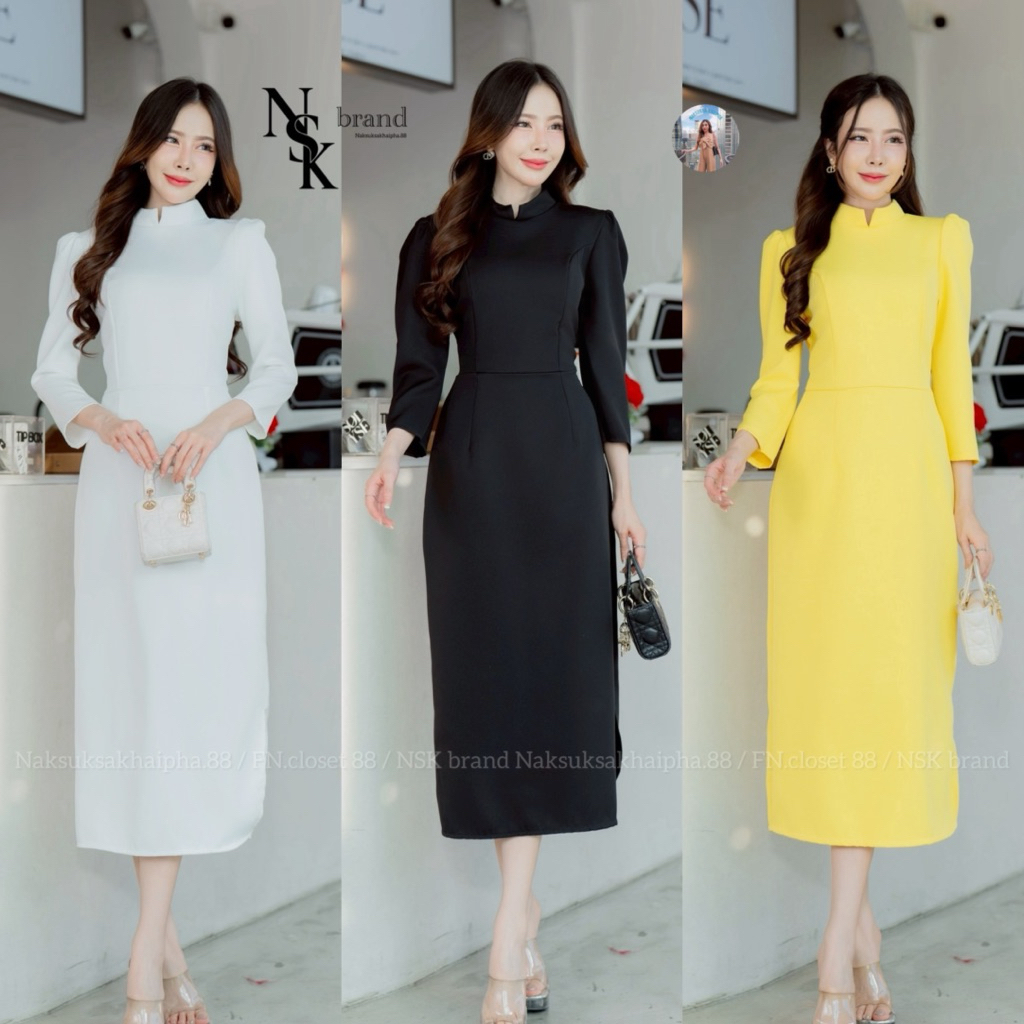 พร้อมส่ง Dress (8802) ทรงไทยบรมพิมาน คอจิตรลดา ผ่าข้าง เรียบร้อย (ป้าย NSK brand)
