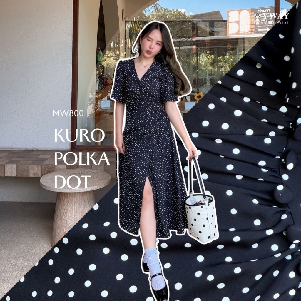 MyWay Brand : Kuro Polka Dot Dress ชุดสีดำลายจุด เดรสยาวใส่ทำงาน