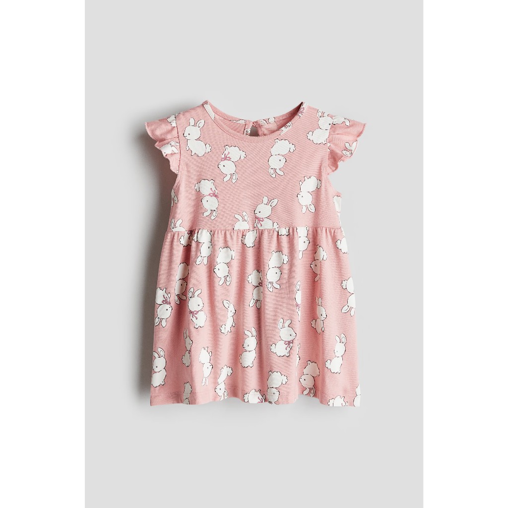 H&M เดรสคอตตอล แขนระบาย กระต่าย ชมพู ไซด์ 2-3 ปี ของใหม่ แท้ พร้อมส่ง