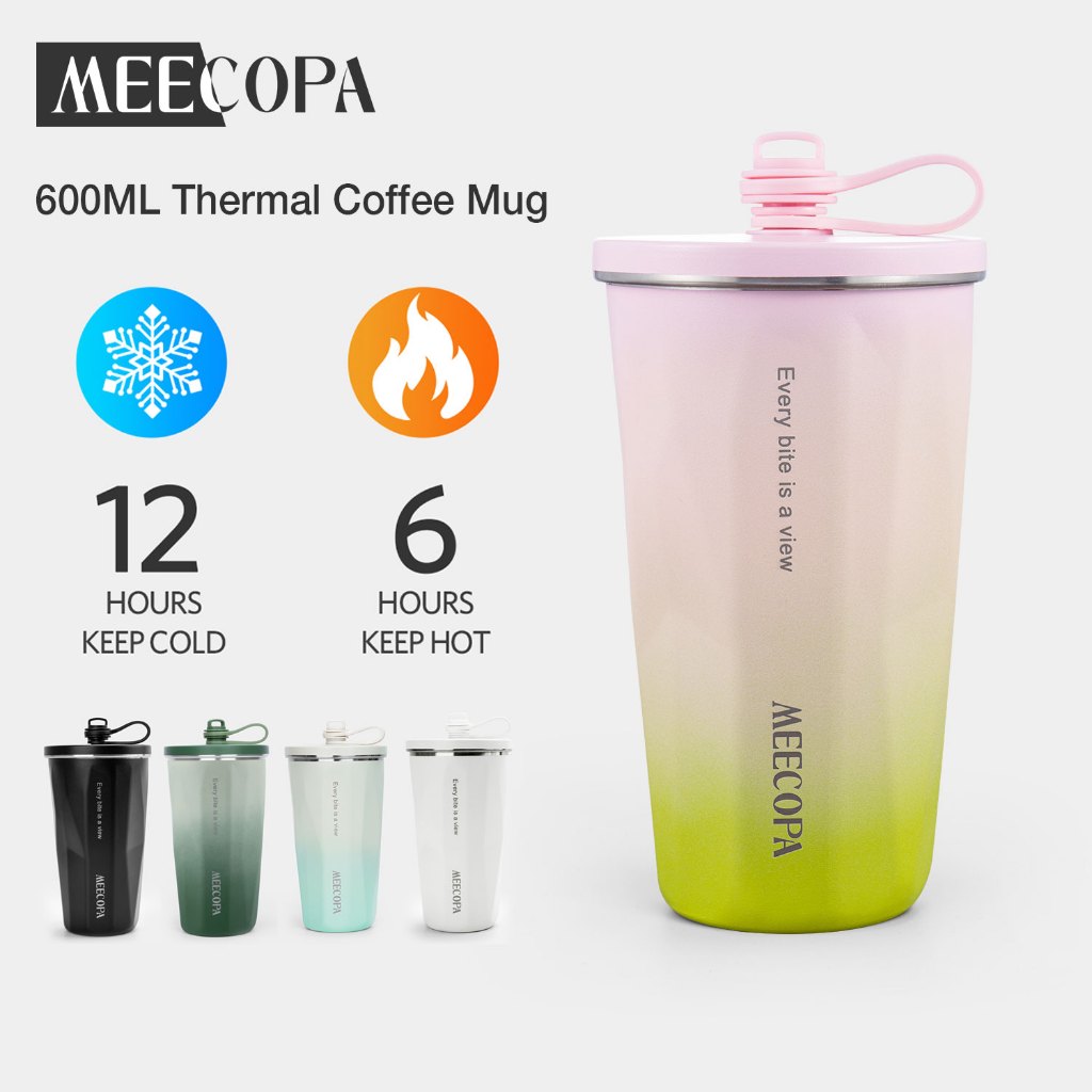MEECOPA แก้วน้ําสแตนเลส รูปสี่เหลี่ยมขนมเปียกปูน  สแตนเลส304 600ML พร้อมหลอดดูด แก้วเก็บความเย็น