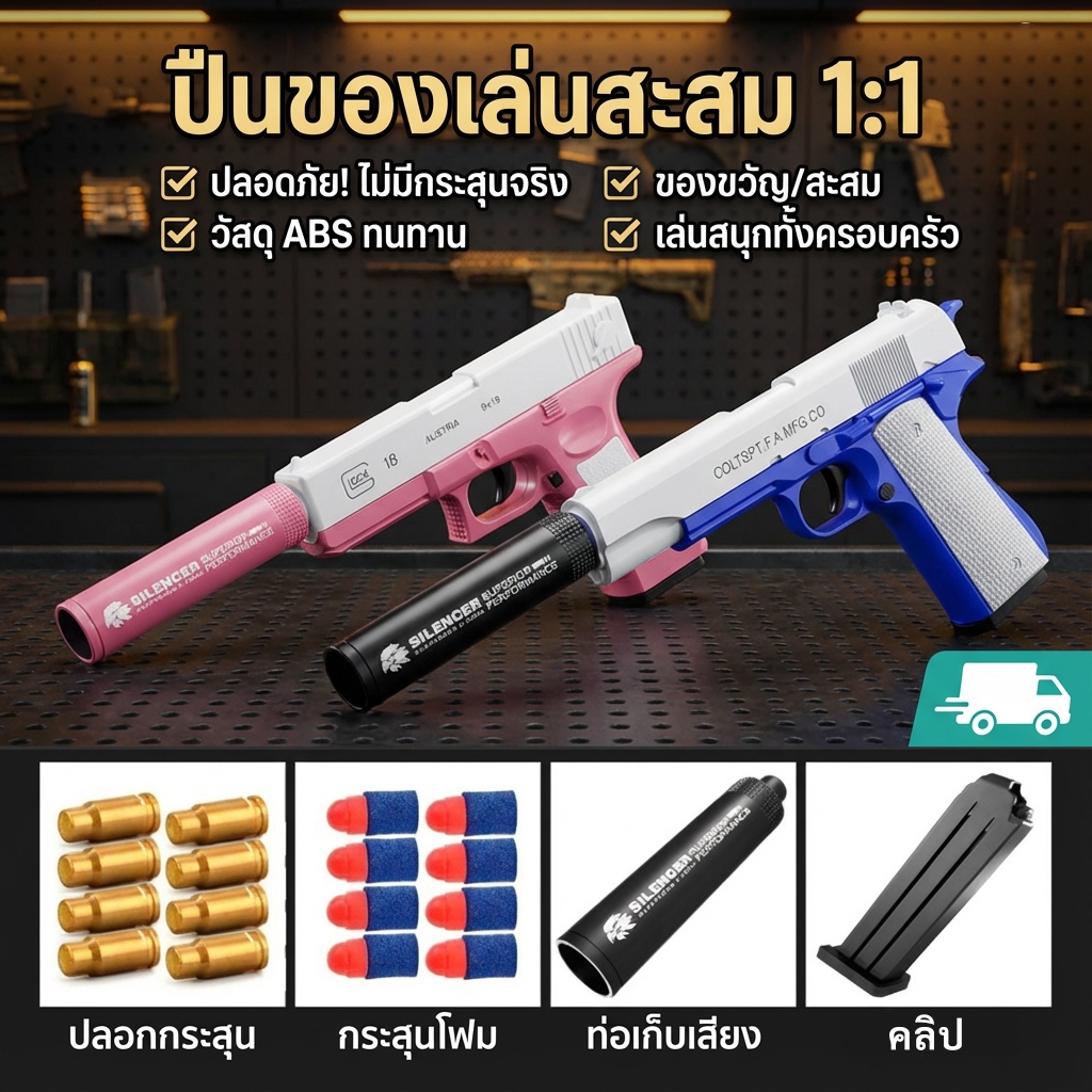 ปืนของเล่น M1911 แบบกระสุนอ่อน มีตัวดีดกระสุน ลำกล้องดึง ยิงได้ เป็นปืนของเล่นสำหรับเด็กและเด็กชายที่เล่นเกม PUBG