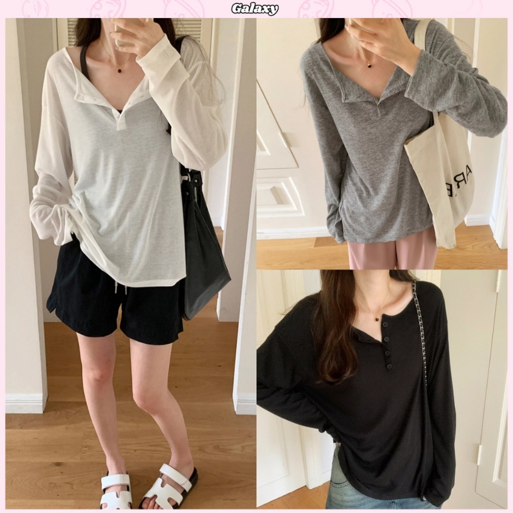เสื้อเเขนยาวลำลอง เสื้อยืดทรงหลวม มีสายเดี่ยว เปิดไหล่ได้ ผ้านิ่มใส่สบาย สไตล์ลำลอง #020414