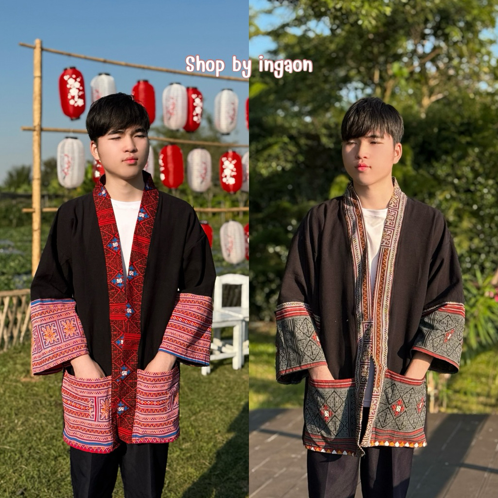 เสื้อคลุมยูกาตะ เสื้อคลุมพื้นเมือง(รุ่นพื้นสีดำ+เเต่งลายม้ง ทูโทน)ใส่ได้ทั้งผู้ชายเเละผู้หญิง Oversize