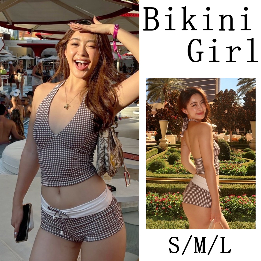 ทูพีช  ชุดว่ายน้ำ  คอวี  คอฮัลเล็ต  เซ็กซี่ ย้อนยุค ลายสก็อต  ชุดไปทะเล  ส่งไวจากไทย